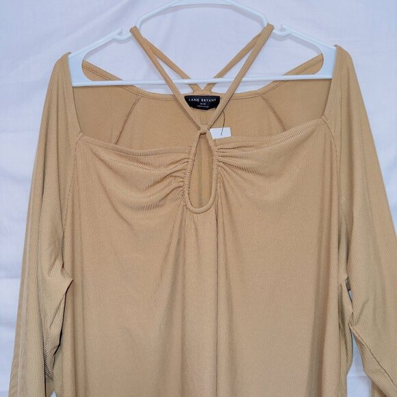 Lane Bryant NWT Tan Half Sleeve Strappy Cold Shoulder Rib Knit Pullover Top - Picture 4 of 7